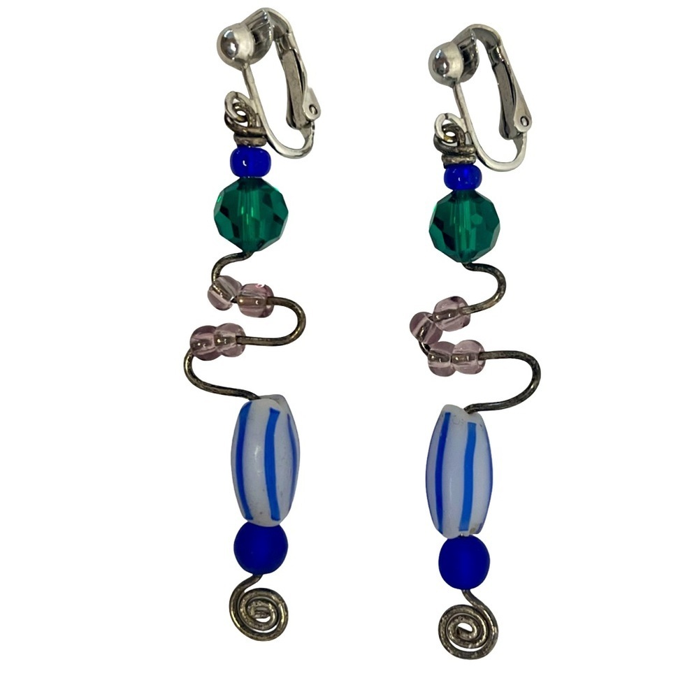 Vintage Murano Style Bead Blue and Green Clip-On Earrings
